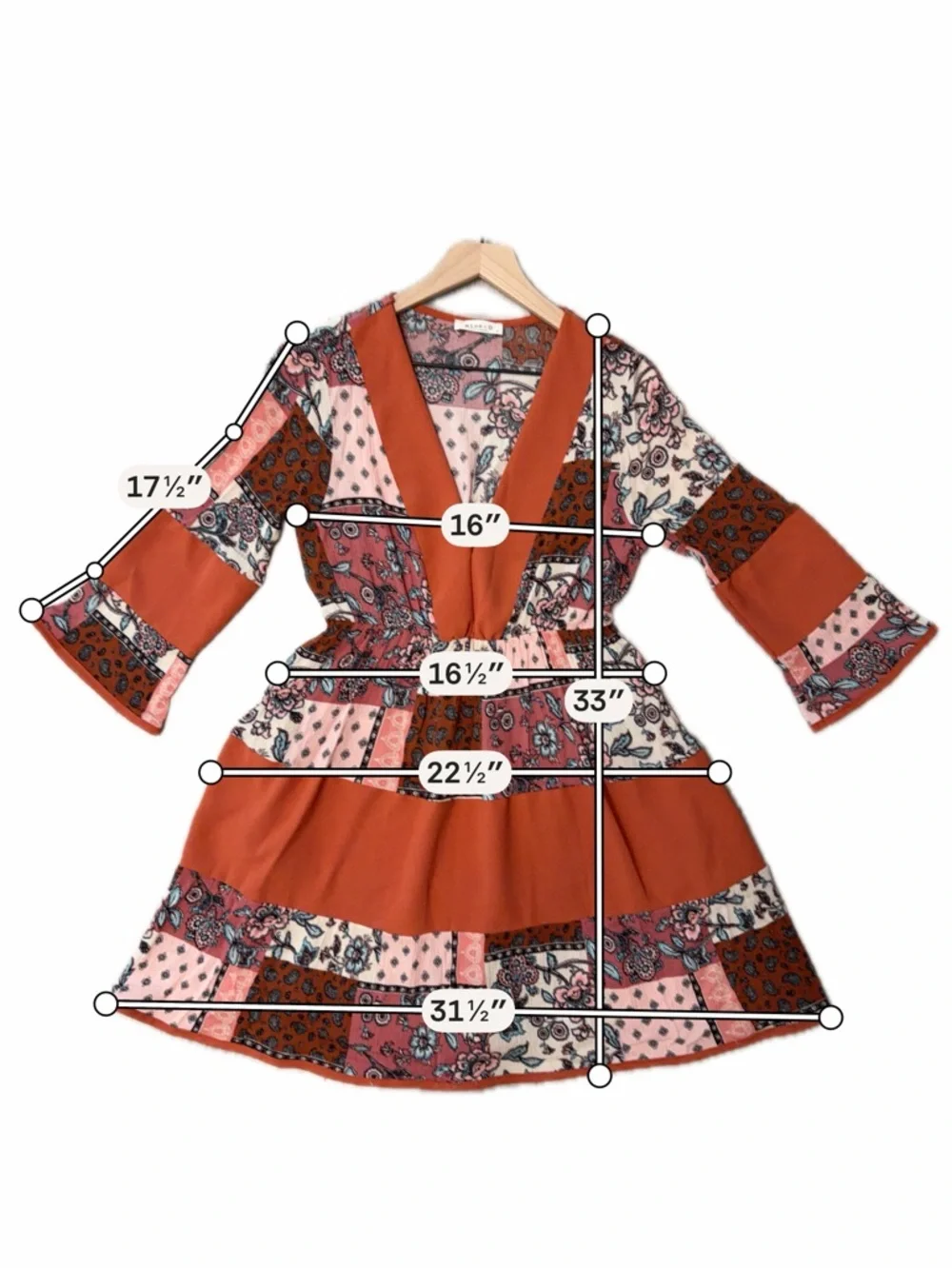 Patchwork V-Neck Midi Dress in Rust and Blush - Picture 8 of 10